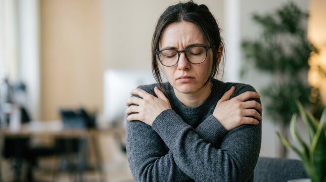 Stressed Woman with Glasses Hugging Herself While Sitting at Home
