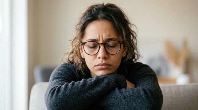 Tired Stressed Woman with Glasses Resting Her Head on Folded Arms at Home