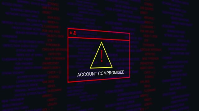 Critical cybersecurity alert displaying account compromised warning message with red skull and yellow warning triangle overlaid on abstract digital programming code background, for data breach concept