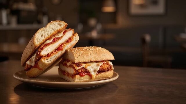 A delicious chicken parmesan sandwich on a plate with melted cheese and tomato sauce in a restaurant setting
