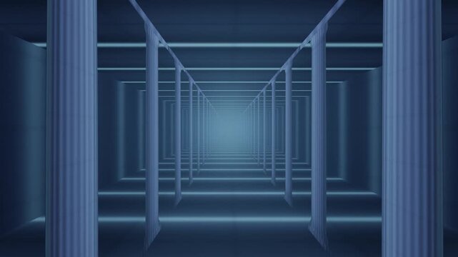 Wide Bay Stone Pillar Gallery Under Skylight Slots, Slow Zoom Out Pull Back Down the Aisle, Seamless Loop in soft azure tones