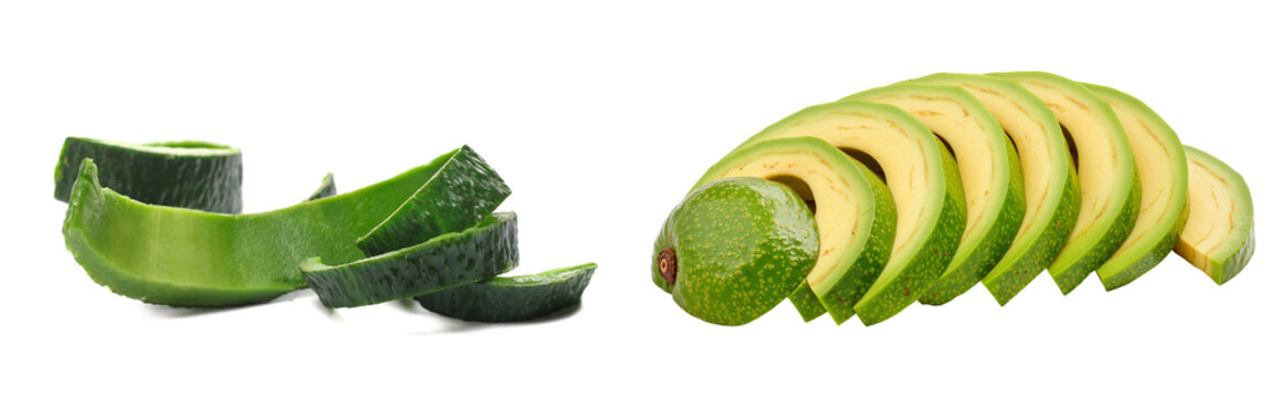Sliced avocado and avocado peel strips isolated on transparent background