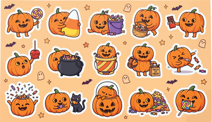 Fototapeta premium Pumpkin characters with halloween treats and decorations colorful vector illustration autumn