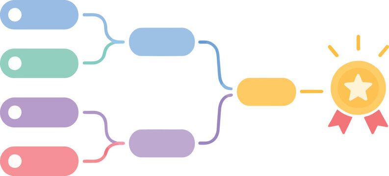 Tournament bracket vector illustration featuring four colorful rounded rectangular slots connecting to a golden award star badge for winning contestants
