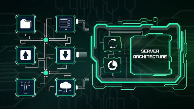 High performance server architecture diagram interface evaluating rack server telemetry, load balance and network speed