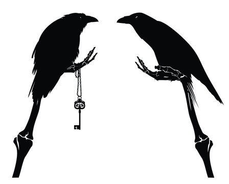human skeleton hand holding antique key with perching raven bird - fantasy memento mori black and white vector silhouette print design