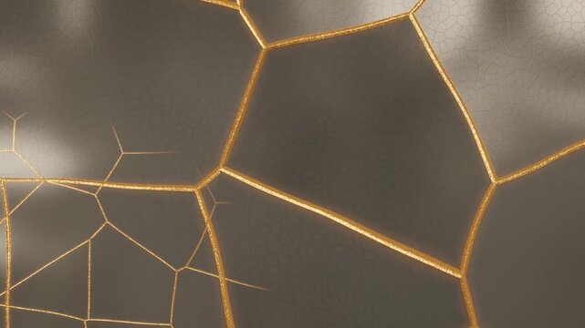 Kintsugi Gold Lacquer Repair Seams on Ceramic With Circling Burnish Glint, Seamless Loop in subtle white tones
