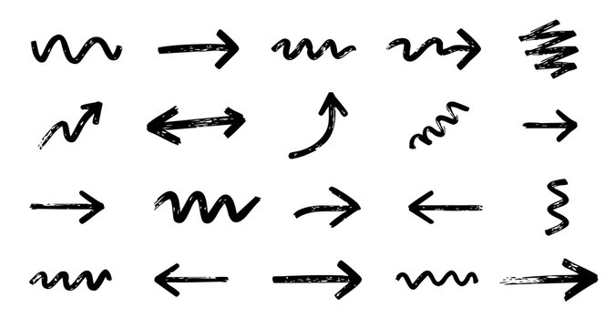 Black hand drawn arrow collection with scribble lines, curved paths, zigzag marks, and directional symbols on white background