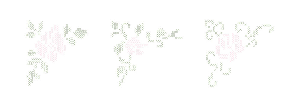 Isolated vintage cross stitch floral corner vignettes and botanical scroll borders. Embroidery needlework design set for wedding stationary, cottagecore nursery art, decorative textile crafts. Vector
