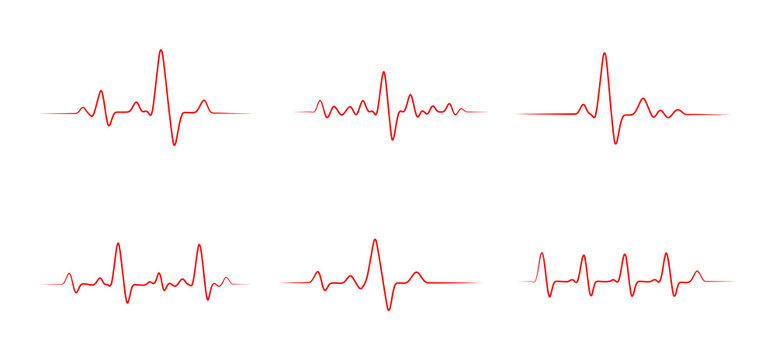 Red heartbeat line patterns on white background showing multiple electrocardiogram style pulse traces with clean medical concept design