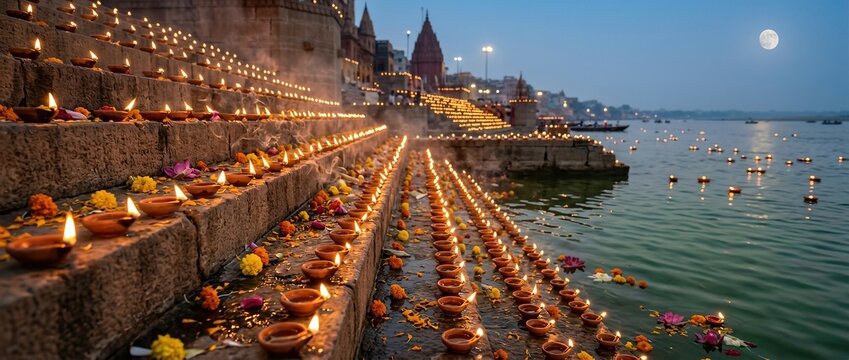 Glowing earthen lamps illuminate stone river steps during traditional evening festival