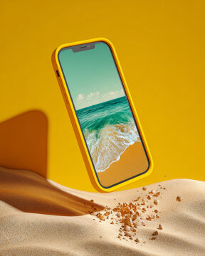 A yellow smartphone with a beach scene on its screen, floating above sand and against a vibrant mustard backdrop