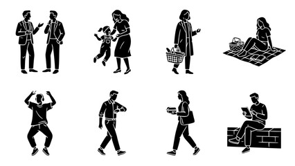 Obraz premium Nine black silhouette people using smartphones and working in modern office setting Vector