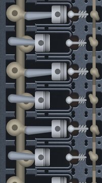 Slow Pan Down an Endless Engine Cutaway With Pistons, Connecting Rods and a Turning Crankshaft, Seamless Loop in cool oil tones vertical 9:16