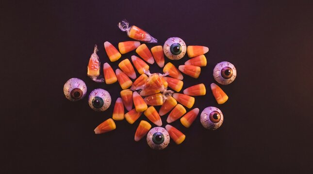 halloween decor ideas, a festive flat lay of halloween candy featuring chocolate eyeballs and candy corn
