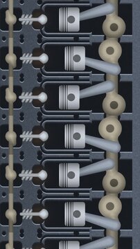 Slow Pan Down an Endless Engine Cutaway With Pistons, Connecting Rods and a Turning Crankshaft, Seamless Loop in rich oil tones vertical 9:16