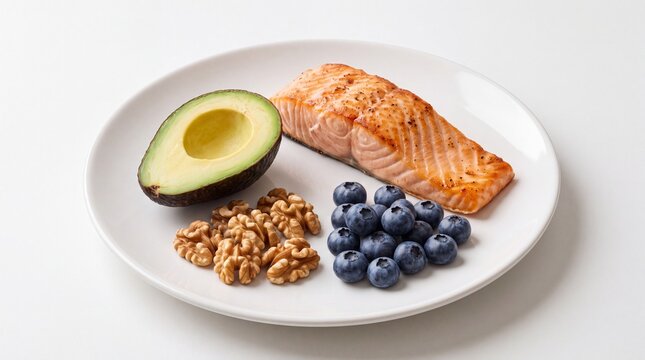 nutritious ingredients, a harmonious arrangement of salmon, avocado, walnuts, and blueberries