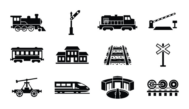 Transportation icon set featuring trains and railway elements outline, solid and color styles on white background