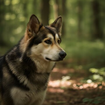 Majestic wolfdog in a sun-dappled forest, embodying wild nature and canine companionship