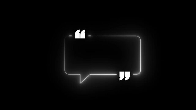 Neon red Quote frame icon animation on black background. neon quote mark. Neon Quote box frame. Neon glowing quotation mark speech bubble frame with copy space on dark textured background. 4k video