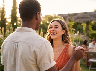 Naklejka premium Young couple holding hands and laughing at a golden hour garden party, ideal for romantic summer wedding and lifestyle branding.