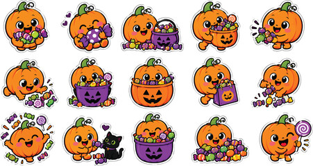Fototapeta premium Halloween pumpkins with candy and jack o lanterns colorful vector illustration