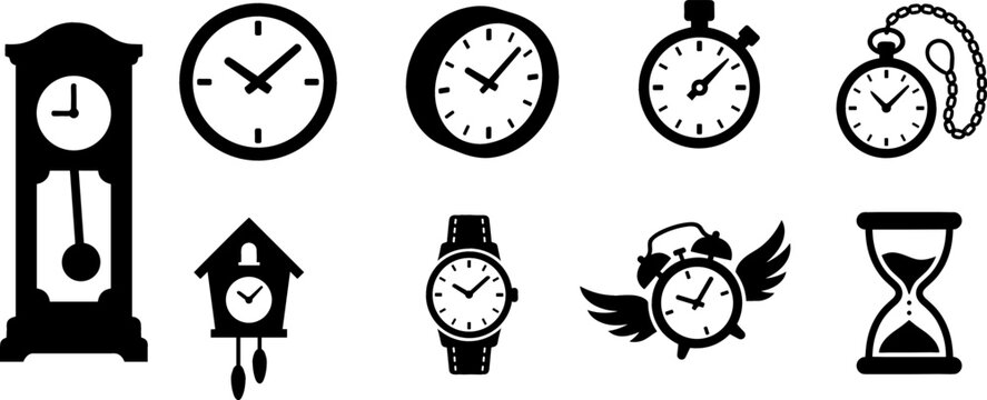 Comprehensive Timepiece Silhouette Icon Set Featuring Grandfather Clock Wristwatch Flying Alarm Clock Cuckoo Clock Hourglass Stopwatch and Vintage Pocket Watch Elements