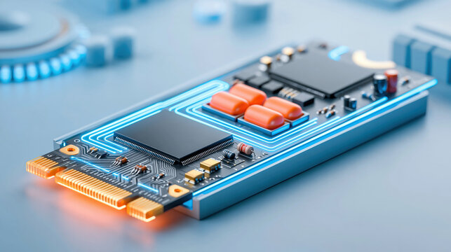 Cinematic macro close up of high performance solid state drive circuit board with glowing traces and electronic components, sleek futuristic tech