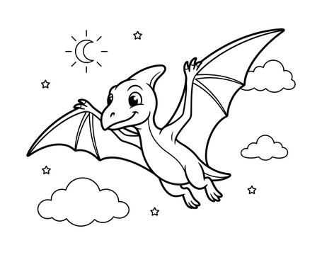 Cute flying pterodactyl dinosaur coloring page cartoon character black and white outline template for kids activity