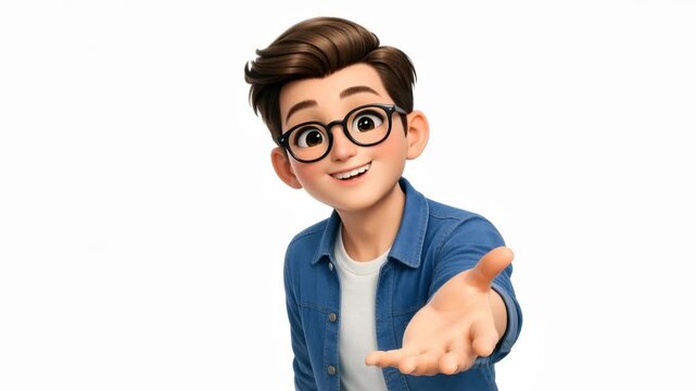 Young friendly man cartoon character with glasses offering a helping hand isolated on a white background