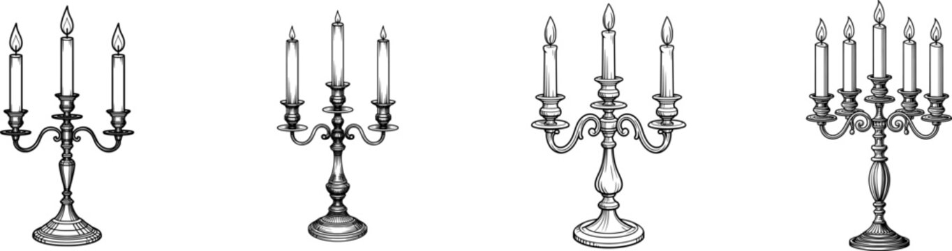 A vintage-style three-armed candelabra with three lit candles in black and white line art, isolated on a pristine white background, vectorized for easy editing