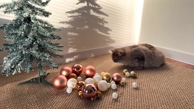 The cat is curiously examining the scattered Christmas tree decorations near the artificial fir.