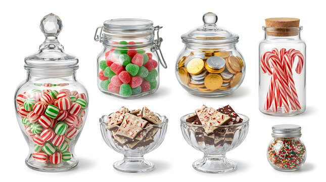 Christmas candy glass jars set, festive holiday sweets collection with peppermint and chocolate, decorative apothecary jars on white Christmas