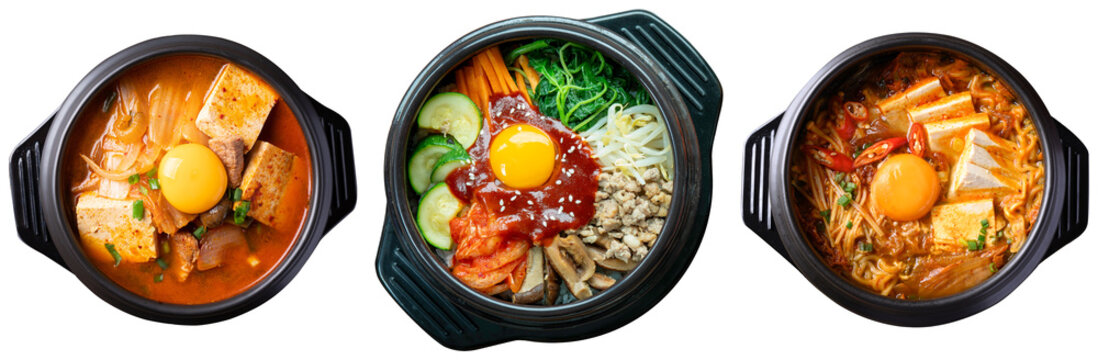 Three Korean dishes: Kimchi Jjigae, Bibimbap, and Kimchi Ramyeon, isolated on transparent background