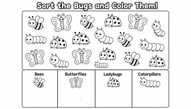 Preschool sorting and coloring worksheet featuring cute garden insects in differ-0