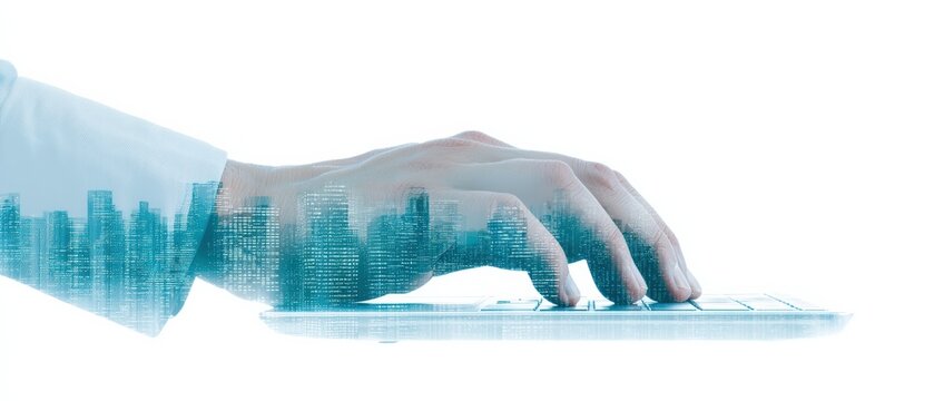Innovative digital connection with a hand engaged in typing on a keyboard featuring a city skyline overlay symbolizing technological advancement and urban growth in a contemporary setting