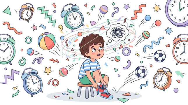 Young boy sitting on a stool tying his sneakers amid a chaotic whirl of alarm clocks and bouncing balls.