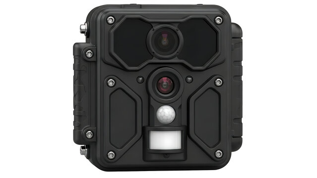 Rugged motion activated wildlife camera with infrared sensor isolated on transparent background