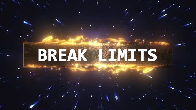 Dynamic text animation of breaking limits with fiery energy with video bold white text reading break limits surrounded fire effects against dark background blue streaks