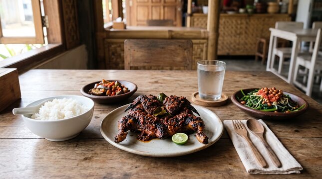 Traditional Ayam Taliwang served with rice, plecing kangkung, and eggplant salad, created for culinary tourism, hospitality marketing, restaurant websites, and Indonesian food campaigns.