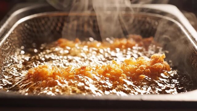 Breaded cutlet frying in deep fryer with boiling oil and steam. Crispy golden chicken cooking in basket. Japanese tonkatsu preparation, closeup food process