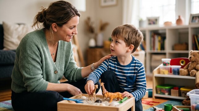 Child therapist supporting a young boy during a play therapy session with toys in a welcoming office