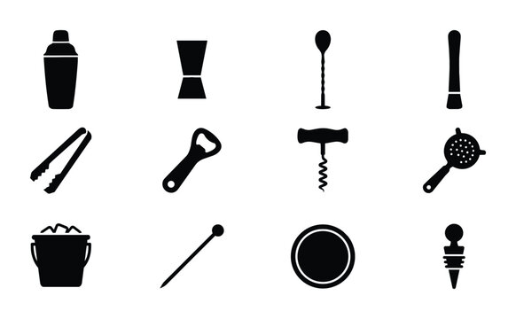 12 Bar Tools linear icon set cocktail shaker jigger strainer bottle opener corkscrew, UI and web interface design