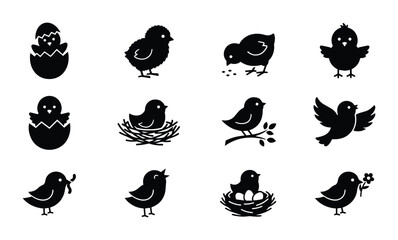 12 Bird linear icon set chicks nests branches flowers, UI and web interface design © Bundleprohub