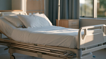 Obraz premium Empty military hospital bed with a personal photograph tucked against the pillow, wartime casualty grief, veteran loss, hospital mourning, conflict aftermath, bereavement in