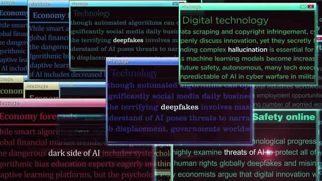 Dark side of AI and artificial intelligence danger pop up windows on computer screen. Abstract concept of news titles across social media. Seamless and looped.