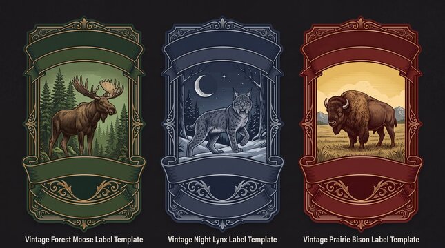 Vintage animal engraving collection featuring moose, lynx, and bison in natural settings