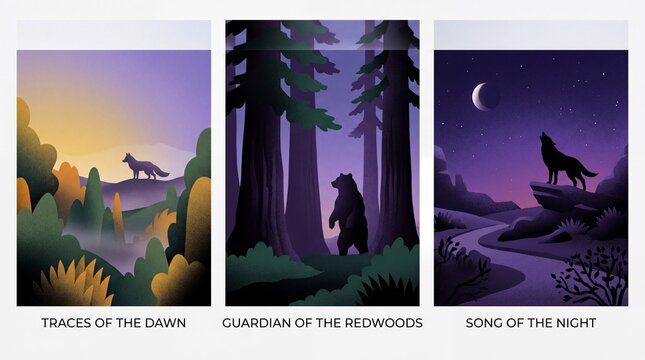 Artistic engraved illustrations of wildlife in nature's landscapes