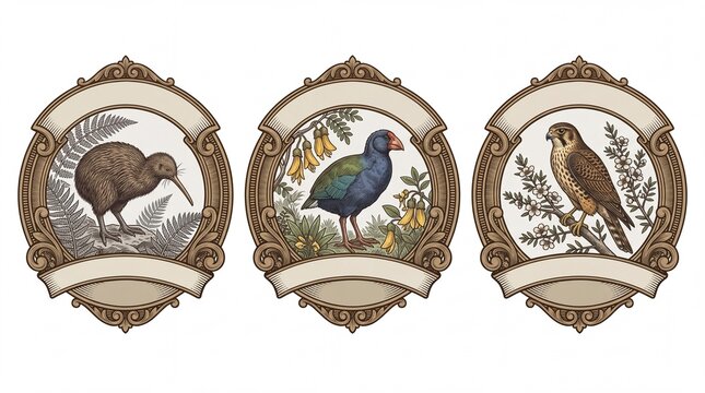 Engraved illustration of three bird species surrounded by decorative elements