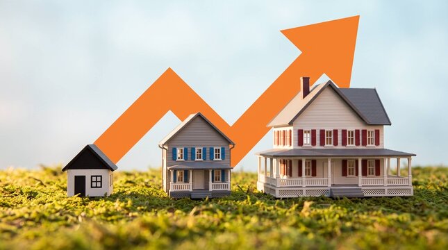 Growing House Prices Concept with Small to Large Model Homes and Upward Arrow Graph